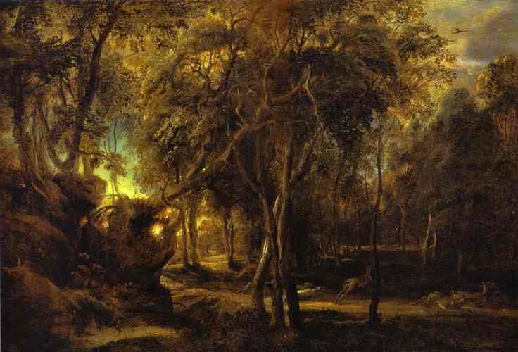 Rubens - Peter Paul Rubens - A Forest at Dawn with a Deer Hunt.JPG